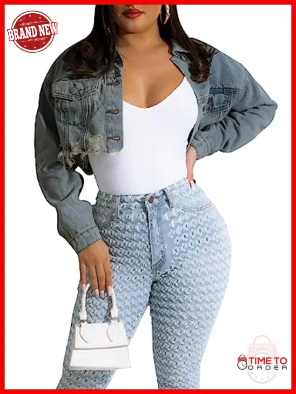 Cropped Denim Jacket Button Down Long Sleeve Classic Fit Destroyed